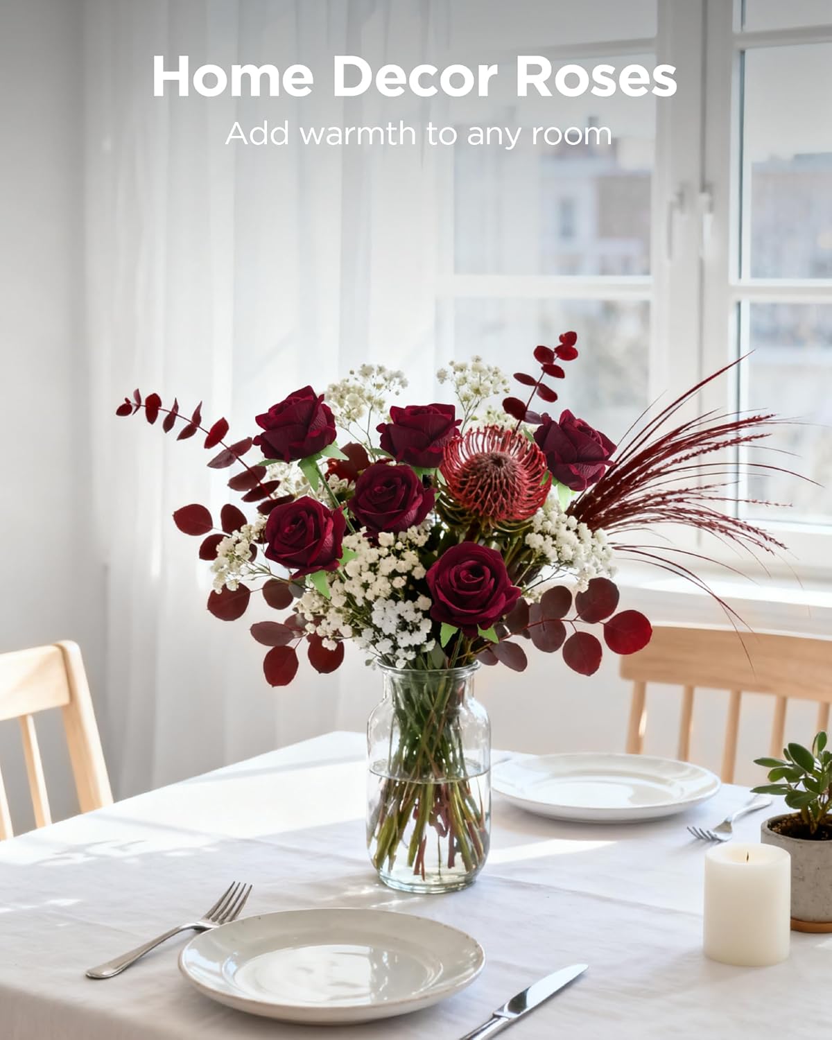 50 Pcs Red Roses Artificial Flowers, Fake Velvet Silk Rose Bulk Faux Flower for Mother's Gift Decoration DIY Wedding Centerpieces Proposal Bridal Bouquets Party Floral Decor (50, Red)