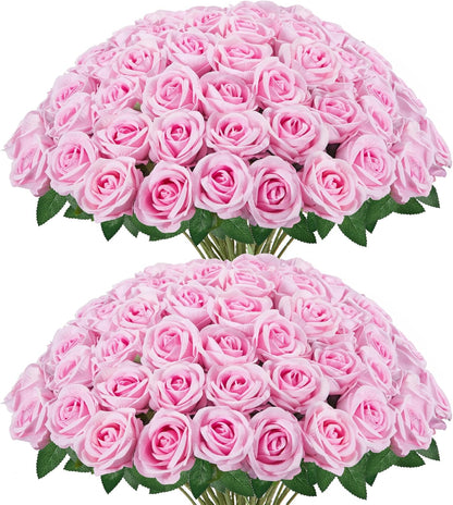 50 Pcs Red Roses Artificial Flowers, Fake Velvet Silk Rose Bulk Faux Flower for Mother's Gift Decoration DIY Wedding Centerpieces Proposal Bridal Bouquets Party Floral Decor (50, Red)