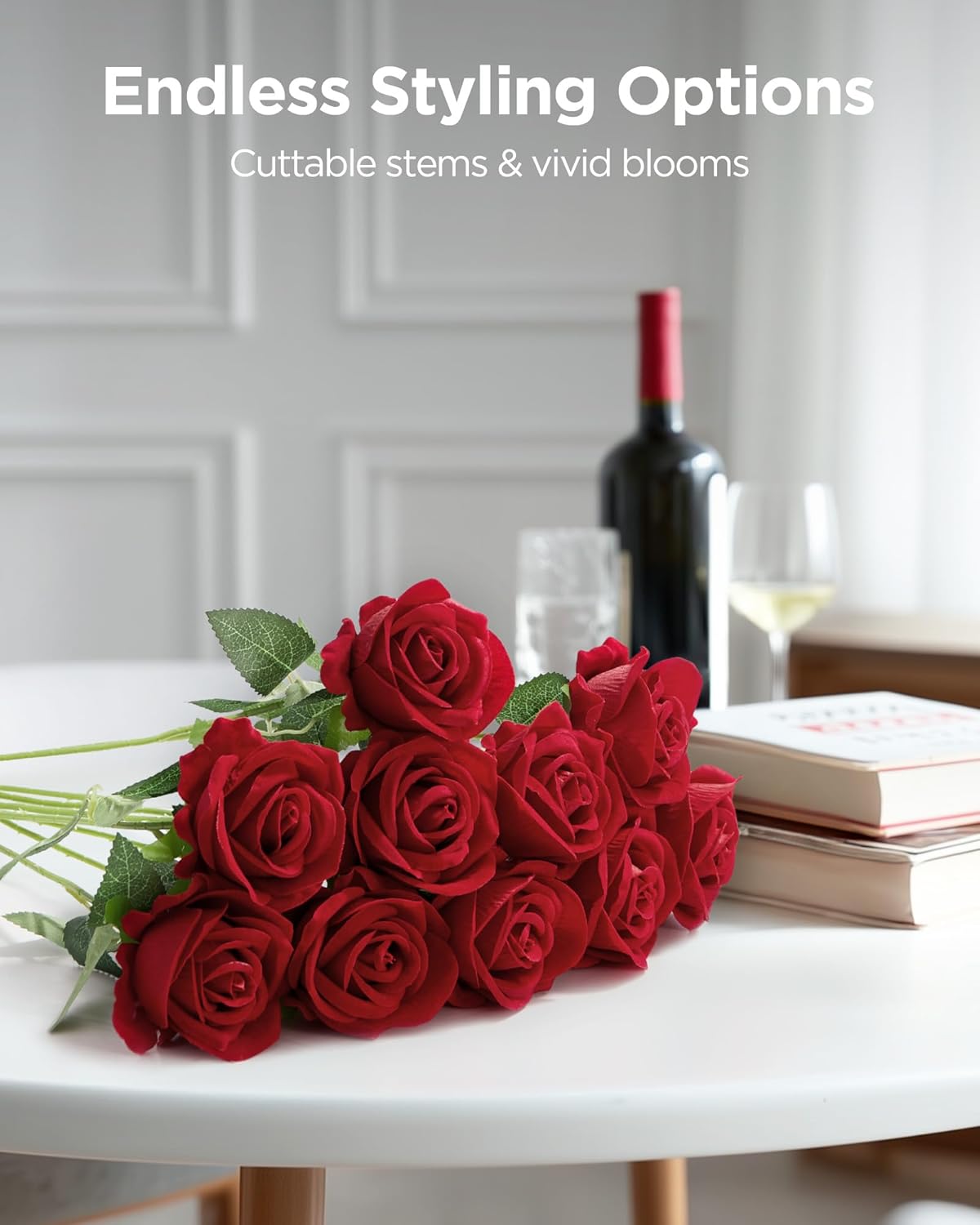 50 Pcs Red Roses Artificial Flowers, Fake Velvet Silk Rose Bulk Faux Flower for Mother's Gift Decoration DIY Wedding Centerpieces Proposal Bridal Bouquets Party Floral Decor (50, Red)