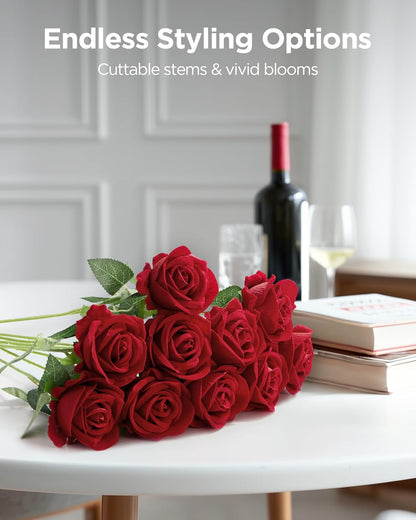 50 Pcs Red Roses Artificial Flowers, Fake Velvet Silk Rose Bulk Faux Flower for Mother's Gift Decoration DIY Wedding Centerpieces Proposal Bridal Bouquets Party Floral Decor (50, Red)