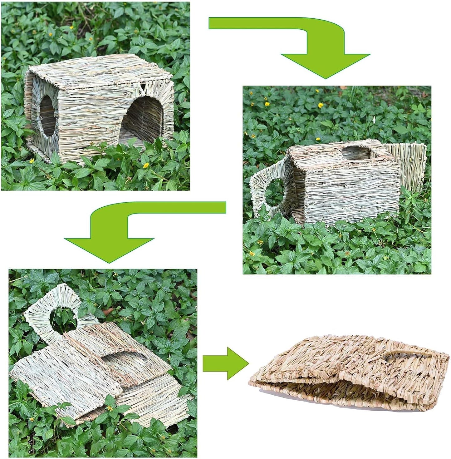 Foldable Grass Woven Animal Hut Bunny House Play Hideaway Bed Mat Chew Toy for Rabbit Guinea Pigs Gerbils Hamster (12"x8"x8")