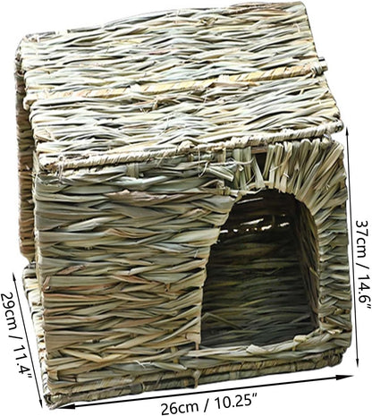 Foldable Grass Woven Animal Hut Bunny House Play Hideaway Bed Mat Chew Toy for Rabbit Guinea Pigs Gerbils Hamster (12"x8"x8")