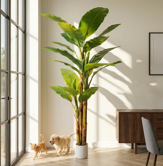 8ft Artificial Banana Tree Extra Tall Fake Plants Indoor for Living Room Large Faux Tree High End Realistic Floor Plant Big Silk Tree for Home Office Pet Friendly Large Indoor Plant Tropical Decor