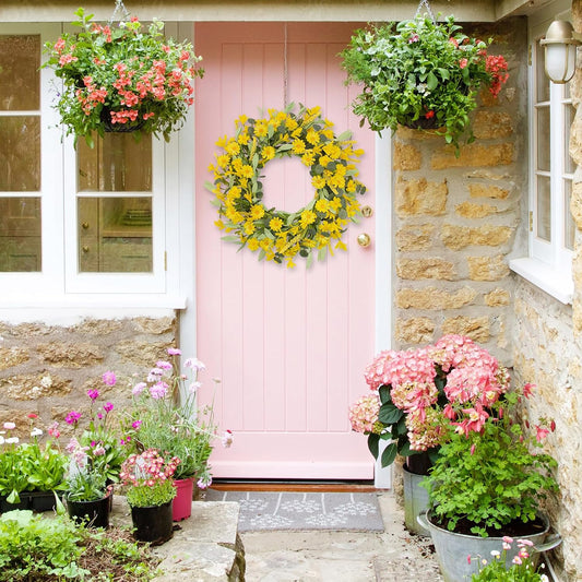 24 Inch Yellow Daisy Wreath, Artificial Spring Summer Wreath with Eucalyptus Leaves, Yellow Forsythia Flowers Front Door Wreath for Indoor Outdoor Home Farmhouse Wall Window Porch Decor