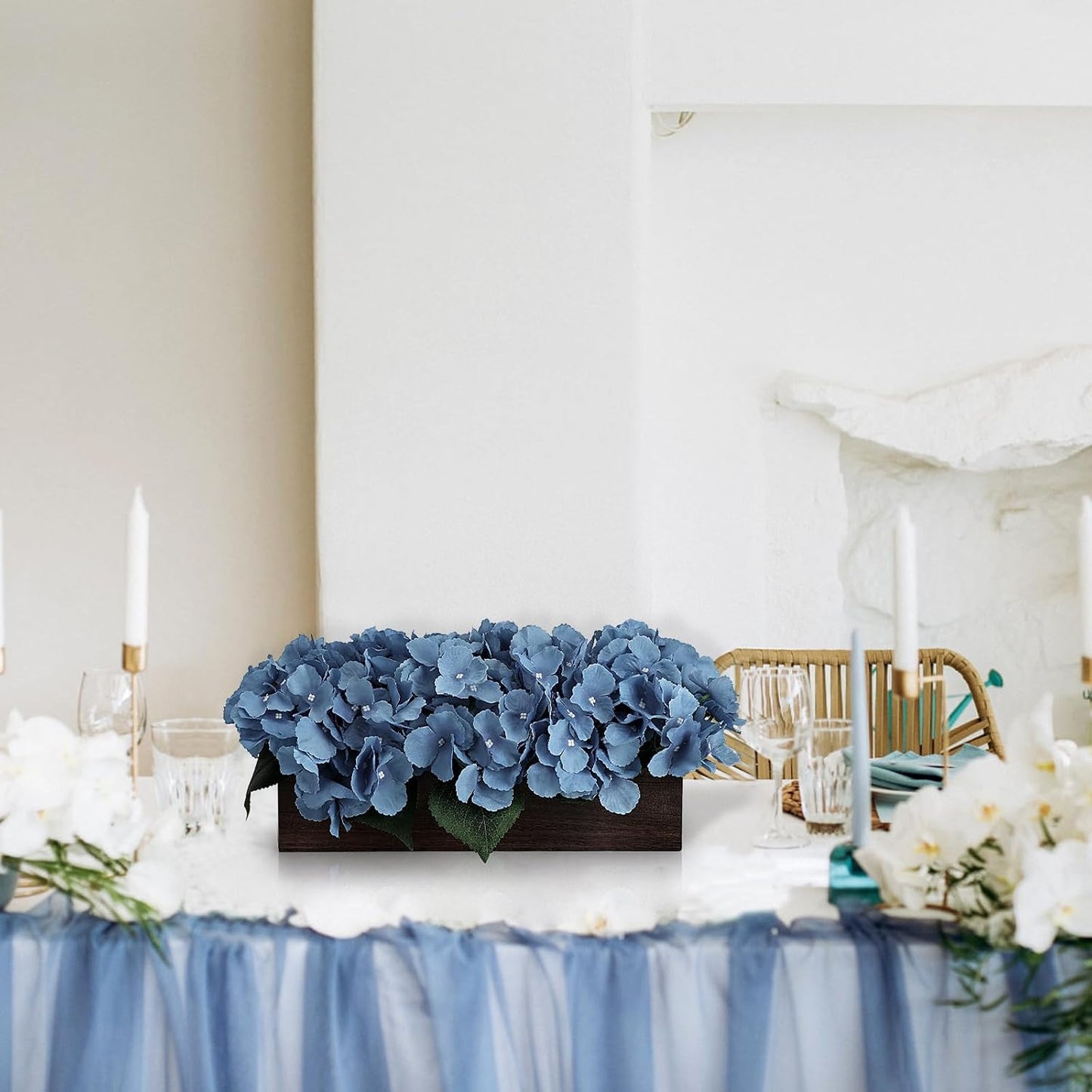 Pre-Made Hydrangea Centerpiece for Dining Table, Navy Blue | Artificial Hydrangea Flower Centerpieces Fake Flowers Arrangements Decor with Wood Tray Wedding Kitchen Indoor Party