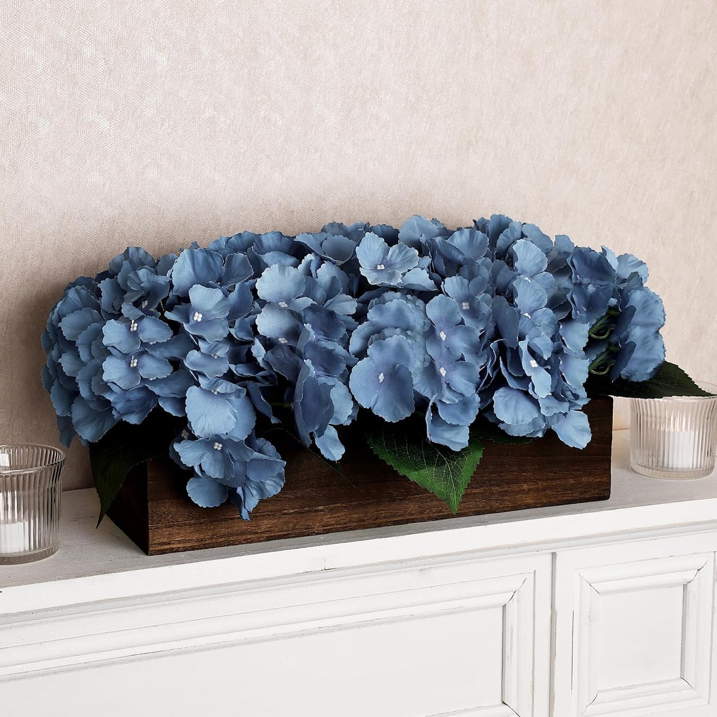 Pre-Made Hydrangea Centerpiece for Dining Table, Navy Blue | Artificial Hydrangea Flower Centerpieces Fake Flowers Arrangements Decor with Wood Tray Wedding Kitchen Indoor Party