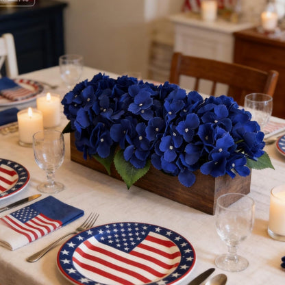 Pre-Made Hydrangea Centerpiece for Dining Table, Navy Blue | Artificial Hydrangea Flower Centerpieces Fake Flowers Arrangements Decor with Wood Tray Wedding Kitchen Indoor Party