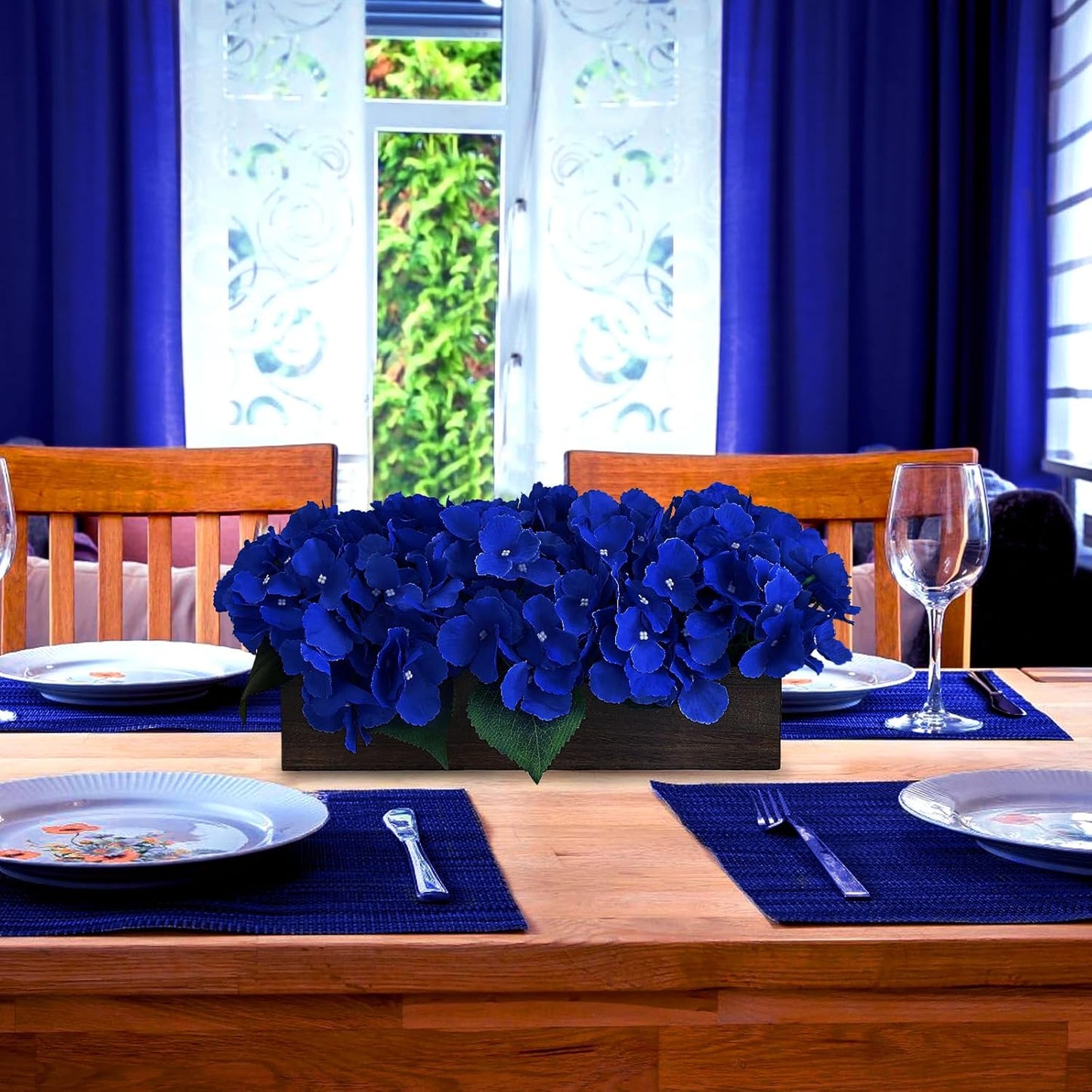 Pre-Made Hydrangea Centerpiece for Dining Table, Navy Blue | Artificial Hydrangea Flower Centerpieces Fake Flowers Arrangements Decor with Wood Tray Wedding Kitchen Indoor Party