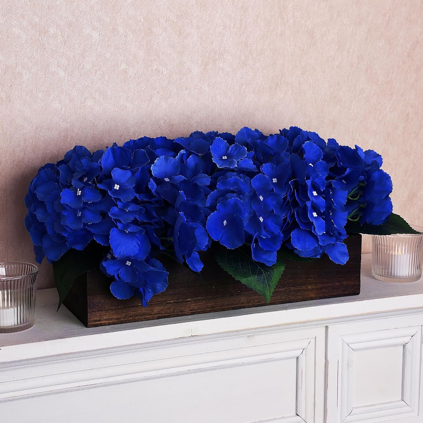Pre-Made Hydrangea Centerpiece for Dining Table, Navy Blue | Artificial Hydrangea Flower Centerpieces Fake Flowers Arrangements Decor with Wood Tray Wedding Kitchen Indoor Party