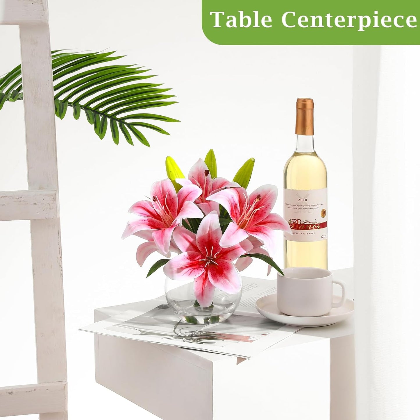 Artificial White Magnolia Flowers in Glass Vase with Faux Water, Realistic Touch Silk Magnolia Floral Arrangement, Fake Magnolia Centerpiece for Home Dining Table Office Bathroom Shelf Decor