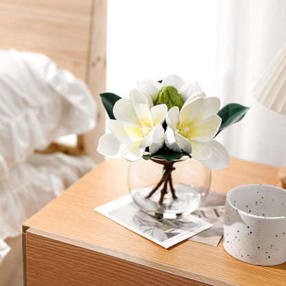 Artificial White Magnolia Flowers in Glass Vase with Faux Water, Realistic Touch Silk Magnolia Floral Arrangement, Fake Magnolia Centerpiece for Home Dining Table Office Bathroom Shelf Decor