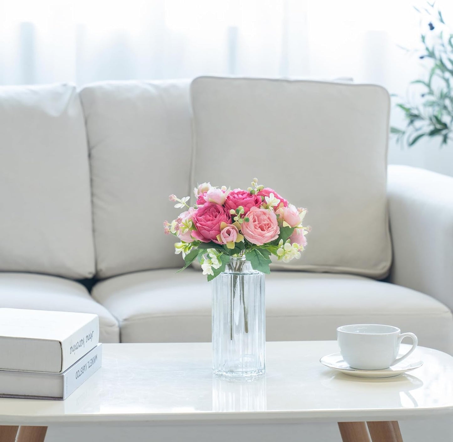Peonies Artificial Flowers, Small Silk Flowers for Home Decor Indoor Fake Bouquet Faux Floral Arrangements Dining Table Centerpieces for Kitchen Party Decor Pink