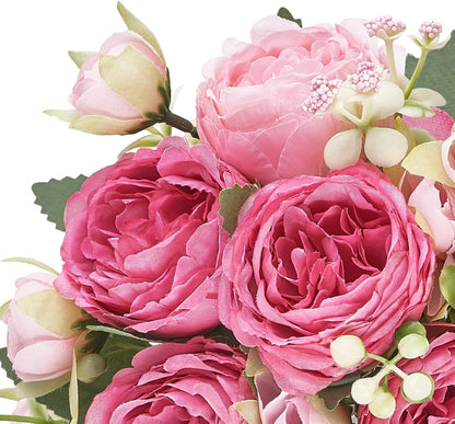 Peonies Artificial Flowers, Small Silk Flowers for Home Decor Indoor Fake Bouquet Faux Floral Arrangements Dining Table Centerpieces for Kitchen Party Decor Pink