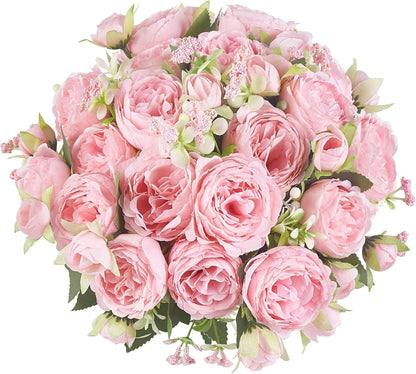 Peonies Artificial Flowers, Small Silk Flowers for Home Decor Indoor Fake Bouquet Faux Floral Arrangements Dining Table Centerpieces for Kitchen Party Decor Pink
