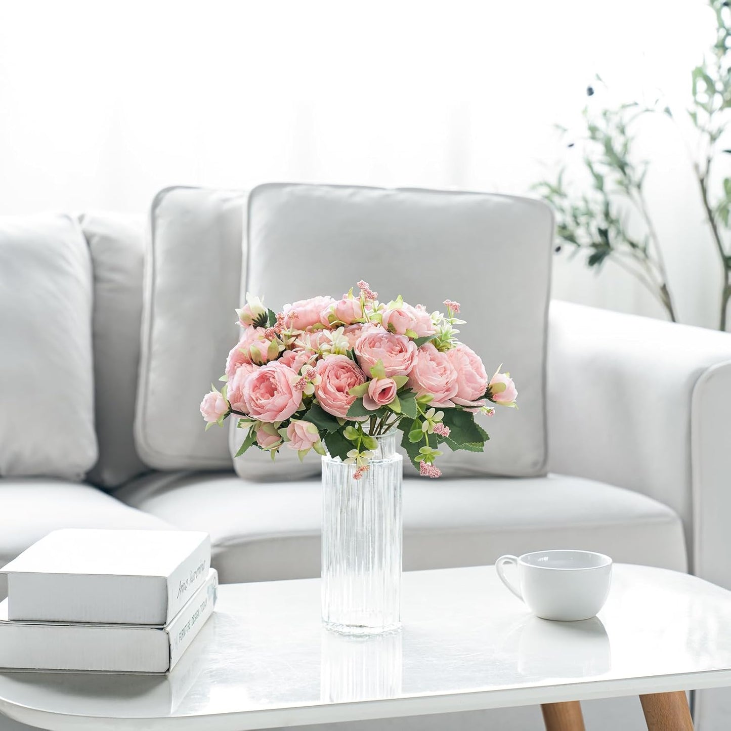 Peonies Artificial Flowers, Small Silk Flowers for Home Decor Indoor Fake Bouquet Faux Floral Arrangements Dining Table Centerpieces for Kitchen Party Decor Pink