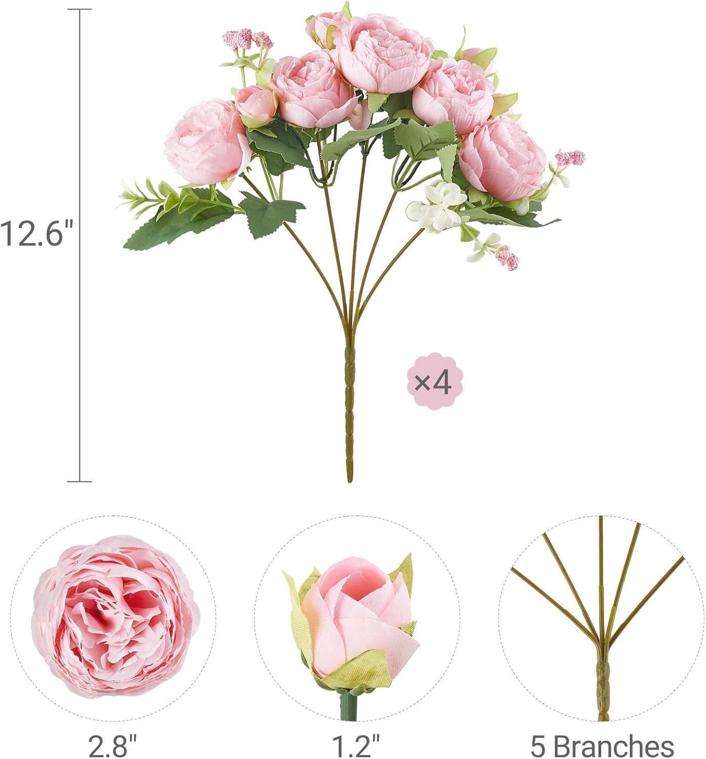 Peonies Artificial Flowers, Small Silk Flowers for Home Decor Indoor Fake Bouquet Faux Floral Arrangements Dining Table Centerpieces for Kitchen Party Decor Pink