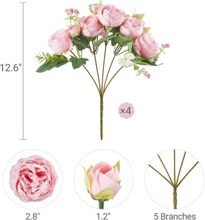Peonies Artificial Flowers, Small Silk Flowers for Home Decor Indoor Fake Bouquet Faux Floral Arrangements Dining Table Centerpieces for Kitchen Party Decor Pink