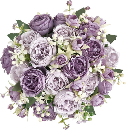 Peonies Artificial Flowers, Small Silk Flowers for Home Decor Indoor Fake Bouquet Faux Floral Arrangements Dining Table Centerpieces for Kitchen Party Decor Pink