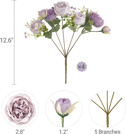 Peonies Artificial Flowers, Small Silk Flowers for Home Decor Indoor Fake Bouquet Faux Floral Arrangements Dining Table Centerpieces for Kitchen Party Decor Pink