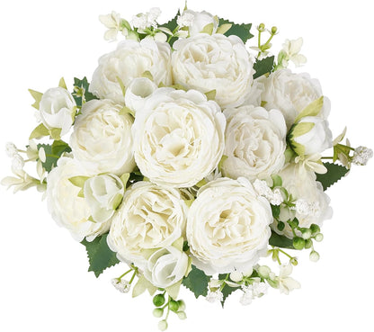 Peonies Artificial Flowers, Small Silk Flowers for Home Decor Indoor Fake Bouquet Faux Floral Arrangements Dining Table Centerpieces for Kitchen Party Decor Pink
