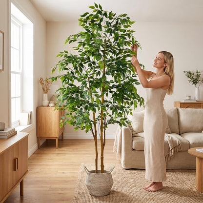 Artificial Ficus Tree, 7ft Silk Fake Ficus Leaves Plant with Basket, Indoor Outdoor Faux Green Tree for Home Garden Office House Livingroom Décor