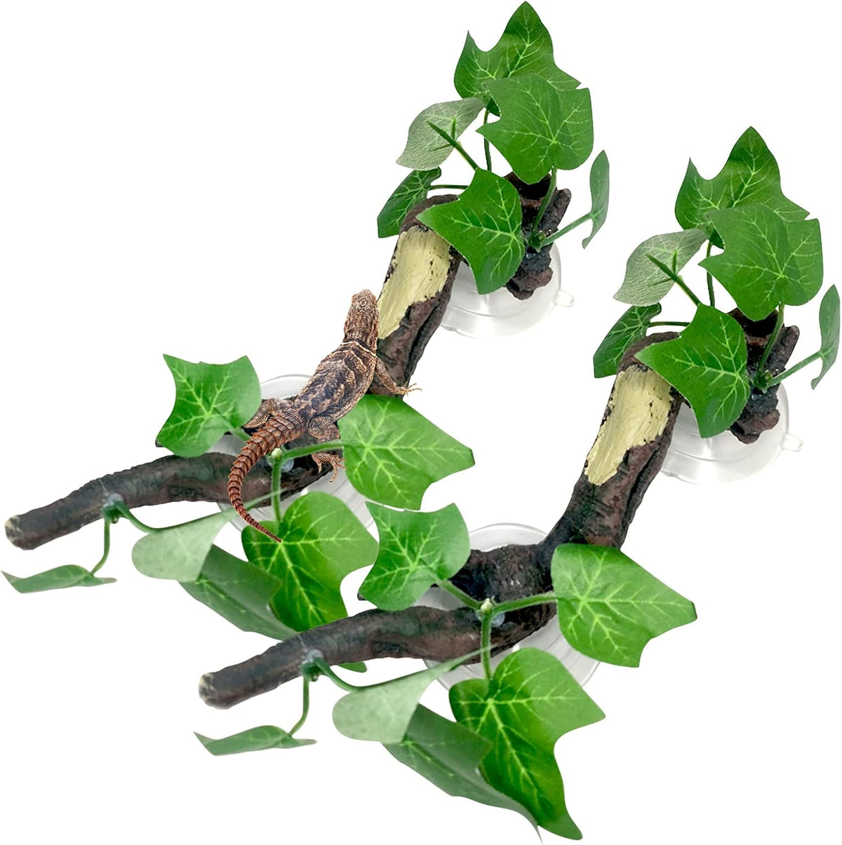 2 PCS Reptile Corner Branch, Resin Climb Tree Branch Decor with Leaves Tank Accessories Terrarium Plant Ornament with Suction Cup for Snake Lizard Bearded Dragons Gecko Climbing