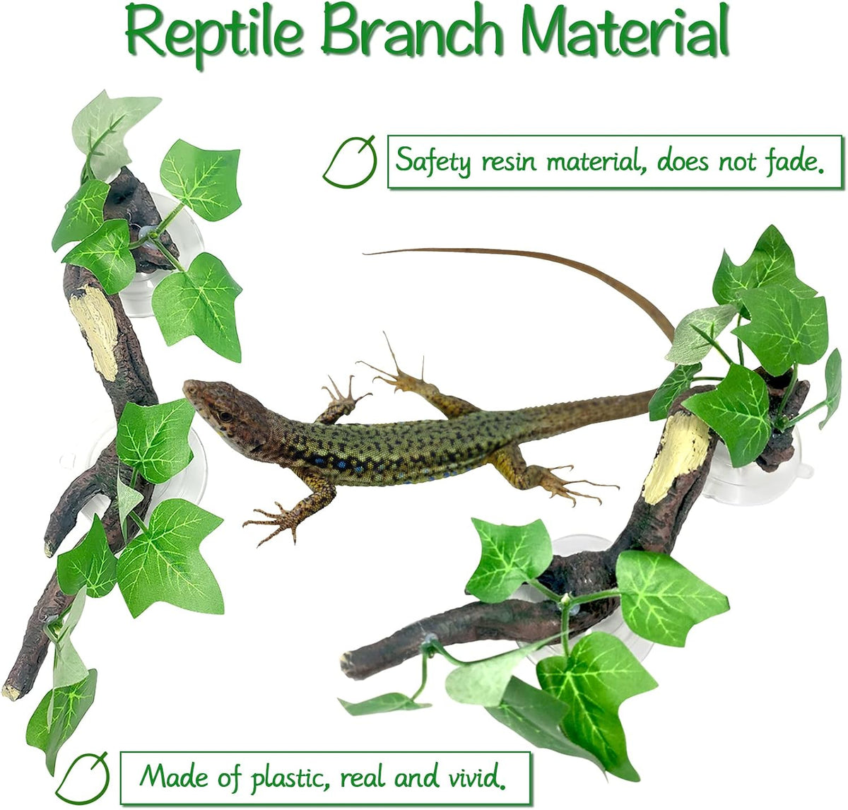 2 PCS Reptile Corner Branch, Resin Climb Tree Branch Decor with Leaves Tank Accessories Terrarium Plant Ornament with Suction Cup for Snake Lizard Bearded Dragons Gecko Climbing