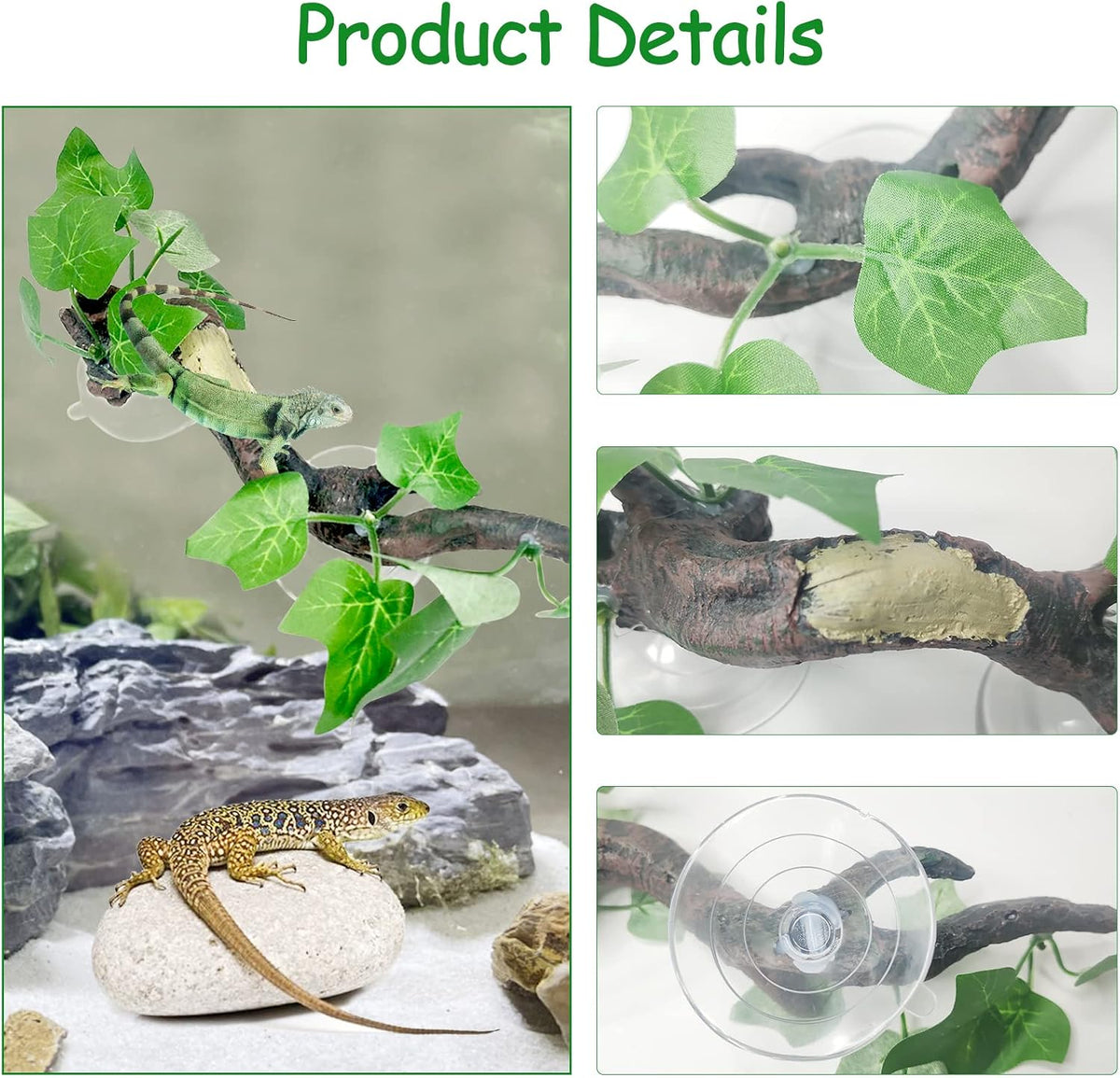 2 PCS Reptile Corner Branch, Resin Climb Tree Branch Decor with Leaves Tank Accessories Terrarium Plant Ornament with Suction Cup for Snake Lizard Bearded Dragons Gecko Climbing