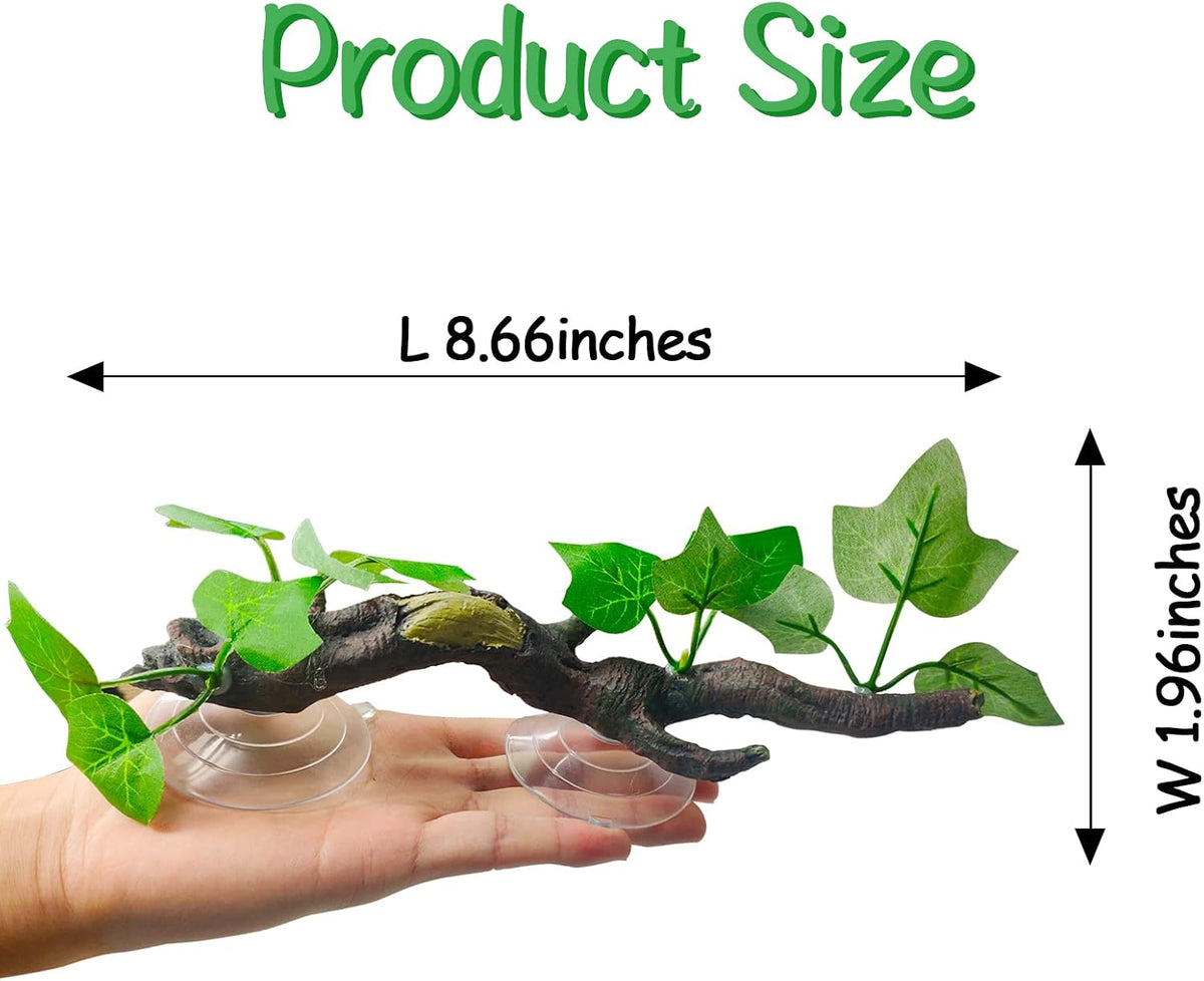 2 PCS Reptile Corner Branch, Resin Climb Tree Branch Decor with Leaves Tank Accessories Terrarium Plant Ornament with Suction Cup for Snake Lizard Bearded Dragons Gecko Climbing