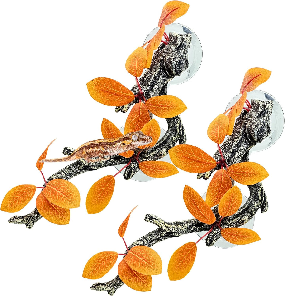2 PCS Reptile Corner Branch, Resin Climb Tree Branch Decor with Leaves Tank Accessories Terrarium Plant Ornament with Suction Cup for Snake Lizard Bearded Dragons Gecko Climbing