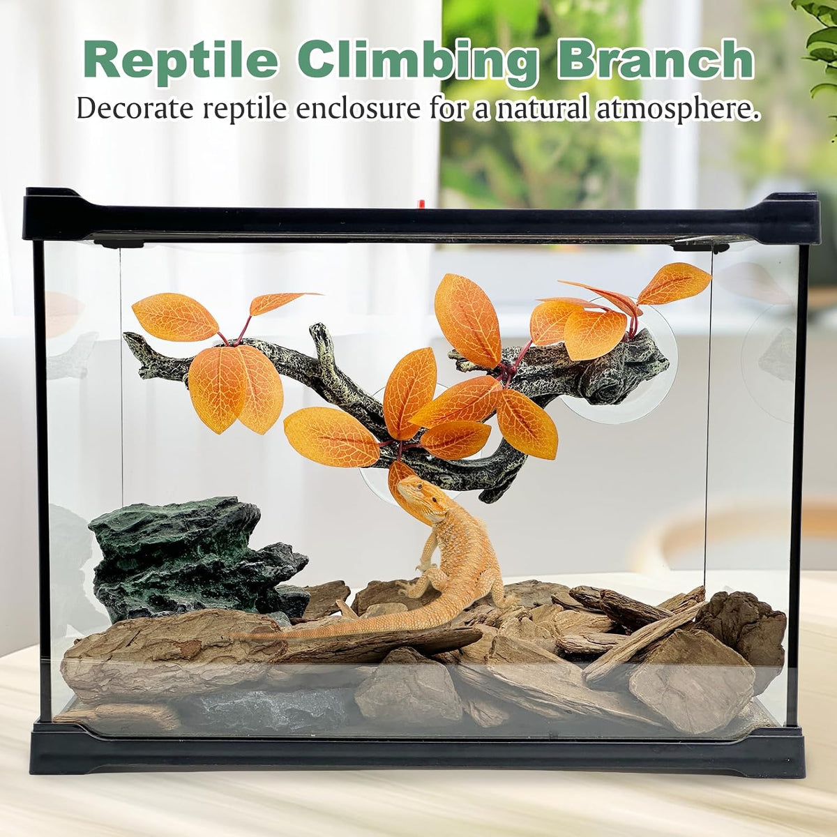 2 PCS Reptile Corner Branch, Resin Climb Tree Branch Decor with Leaves Tank Accessories Terrarium Plant Ornament with Suction Cup for Snake Lizard Bearded Dragons Gecko Climbing