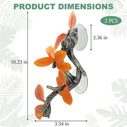 2 PCS Reptile Corner Branch, Resin Climb Tree Branch Decor with Leaves Tank Accessories Terrarium Plant Ornament with Suction Cup for Snake Lizard Bearded Dragons Gecko Climbing
