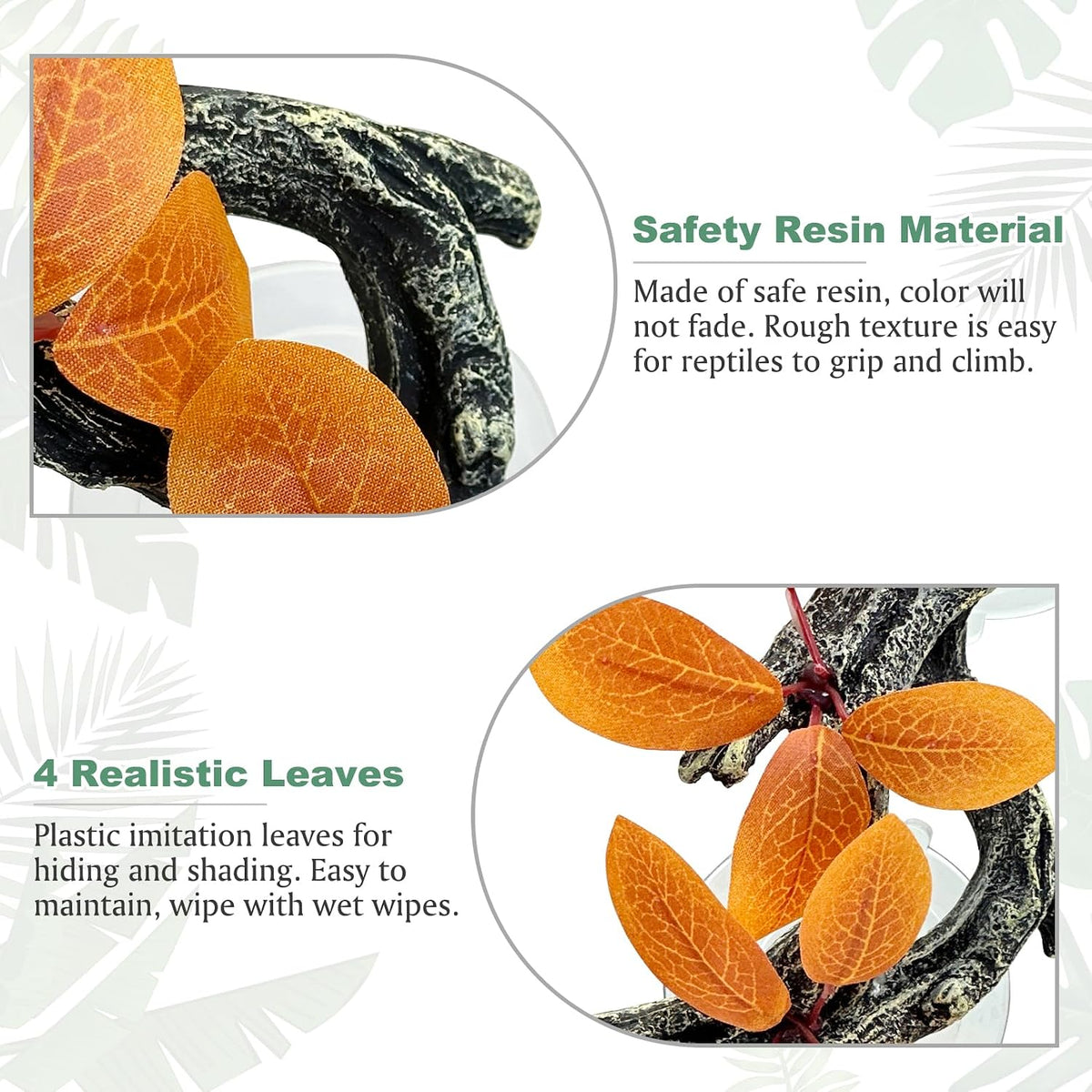2 PCS Reptile Corner Branch, Resin Climb Tree Branch Decor with Leaves Tank Accessories Terrarium Plant Ornament with Suction Cup for Snake Lizard Bearded Dragons Gecko Climbing