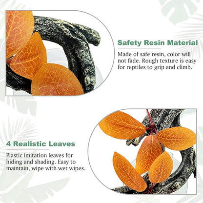 2 PCS Reptile Corner Branch, Resin Climb Tree Branch Decor with Leaves Tank Accessories Terrarium Plant Ornament with Suction Cup for Snake Lizard Bearded Dragons Gecko Climbing