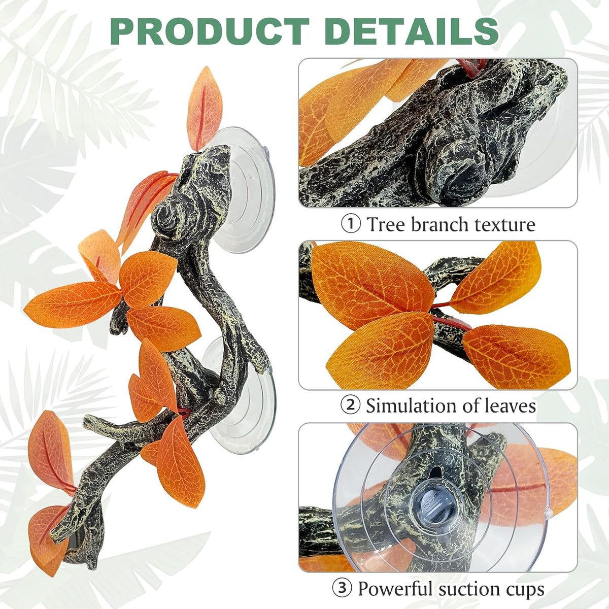 2 PCS Reptile Corner Branch, Resin Climb Tree Branch Decor with Leaves Tank Accessories Terrarium Plant Ornament with Suction Cup for Snake Lizard Bearded Dragons Gecko Climbing
