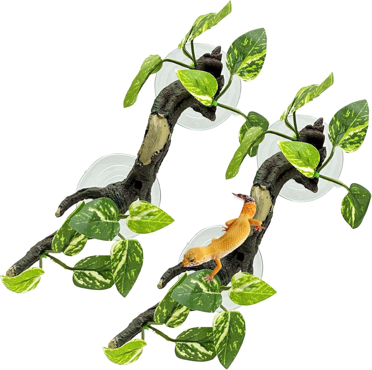 2 PCS Reptile Corner Branch, Resin Climb Tree Branch Decor with Leaves Tank Accessories Terrarium Plant Ornament with Suction Cup for Snake Lizard Bearded Dragons Gecko Climbing