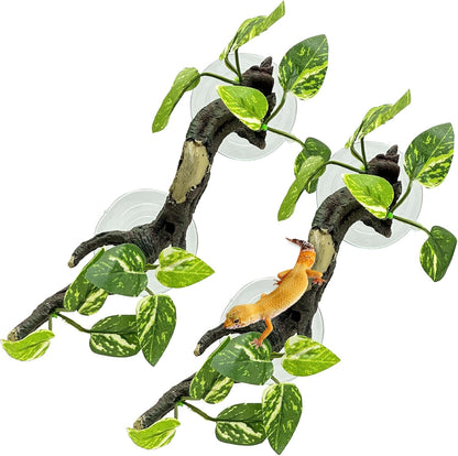 2 PCS Reptile Corner Branch, Resin Climb Tree Branch Decor with Leaves Tank Accessories Terrarium Plant Ornament with Suction Cup for Snake Lizard Bearded Dragons Gecko Climbing