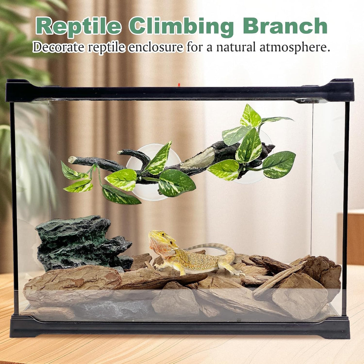 2 PCS Reptile Corner Branch, Resin Climb Tree Branch Decor with Leaves Tank Accessories Terrarium Plant Ornament with Suction Cup for Snake Lizard Bearded Dragons Gecko Climbing