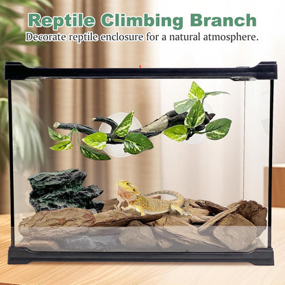 2 PCS Reptile Corner Branch, Resin Climb Tree Branch Decor with Leaves Tank Accessories Terrarium Plant Ornament with Suction Cup for Snake Lizard Bearded Dragons Gecko Climbing