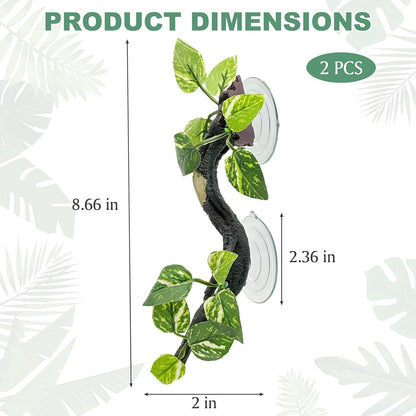 2 PCS Reptile Corner Branch, Resin Climb Tree Branch Decor with Leaves Tank Accessories Terrarium Plant Ornament with Suction Cup for Snake Lizard Bearded Dragons Gecko Climbing