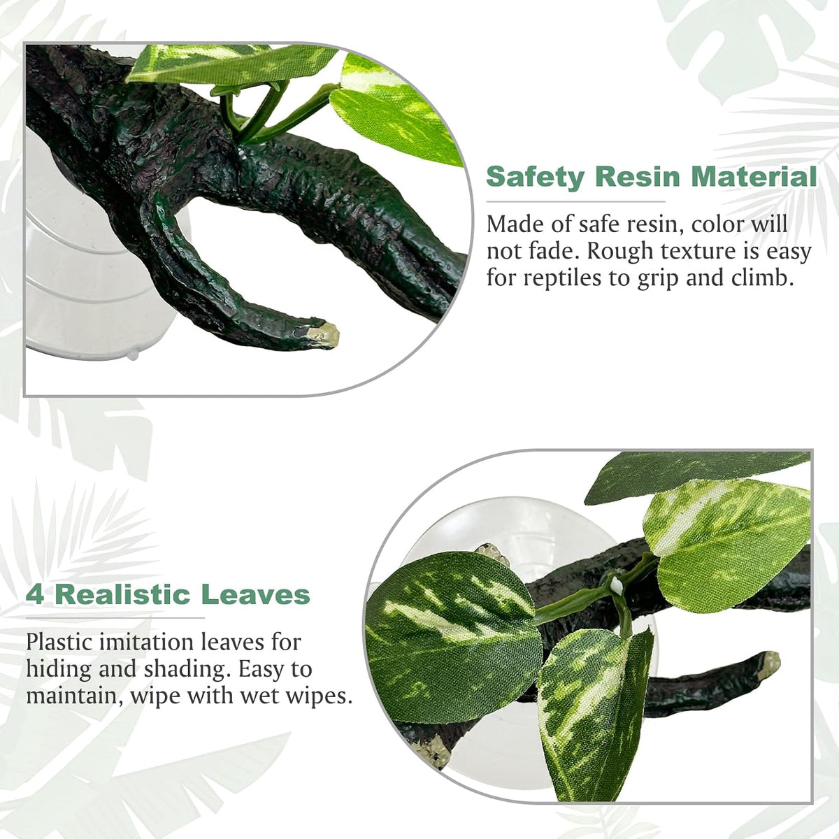 2 PCS Reptile Corner Branch, Resin Climb Tree Branch Decor with Leaves Tank Accessories Terrarium Plant Ornament with Suction Cup for Snake Lizard Bearded Dragons Gecko Climbing