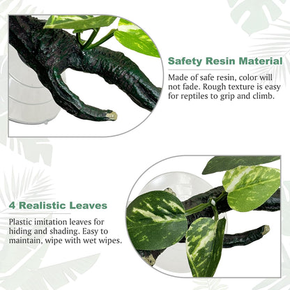 2 PCS Reptile Corner Branch, Resin Climb Tree Branch Decor with Leaves Tank Accessories Terrarium Plant Ornament with Suction Cup for Snake Lizard Bearded Dragons Gecko Climbing