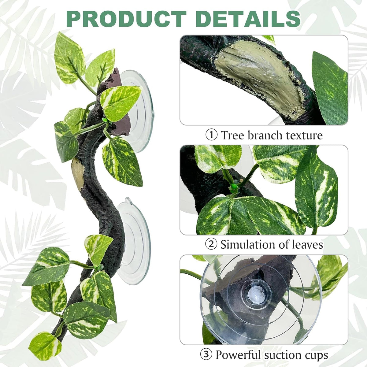 2 PCS Reptile Corner Branch, Resin Climb Tree Branch Decor with Leaves Tank Accessories Terrarium Plant Ornament with Suction Cup for Snake Lizard Bearded Dragons Gecko Climbing