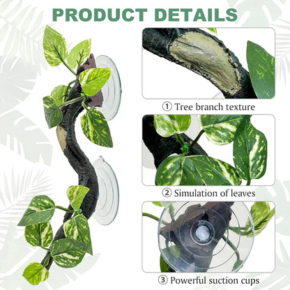 2 PCS Reptile Corner Branch, Resin Climb Tree Branch Decor with Leaves Tank Accessories Terrarium Plant Ornament with Suction Cup for Snake Lizard Bearded Dragons Gecko Climbing