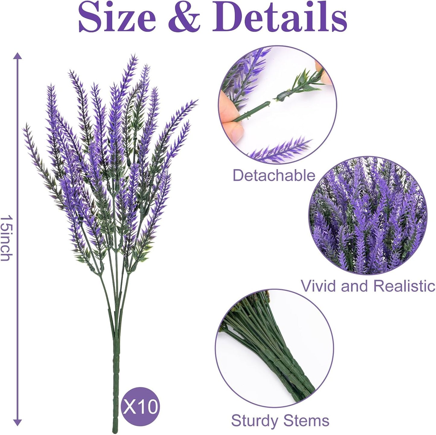 10 Bundles Fake Flowers Artificial Lavender Plants, Purple | Faux plastic plants for home wedding kitchen garden patio porch window box office table centerpieces indoor outdoor decor