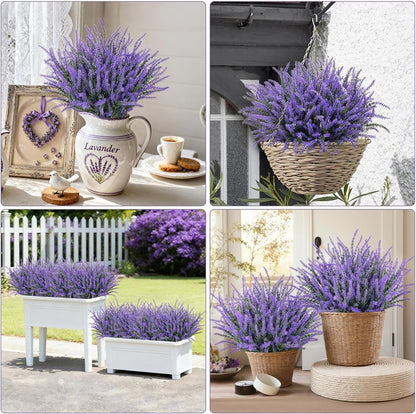 10 Bundles Fake Flowers Artificial Lavender Plants, Purple | Faux plastic plants for home wedding kitchen garden patio porch window box office table centerpieces indoor outdoor decor