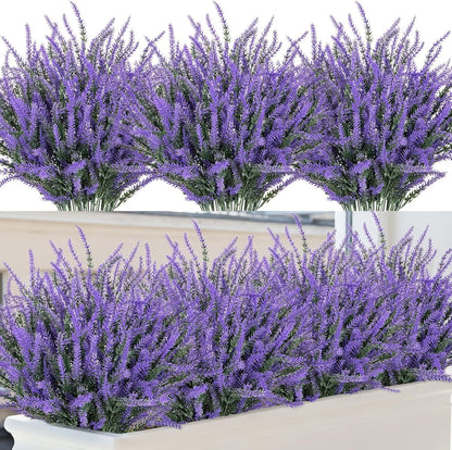10 Bundles Fake Flowers Artificial Lavender Plants, Purple | Faux plastic plants for home wedding kitchen garden patio porch window box office table centerpieces indoor outdoor decor
