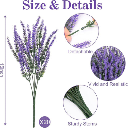 10 Bundles Fake Flowers Artificial Lavender Plants, Purple | Faux plastic plants for home wedding kitchen garden patio porch window box office table centerpieces indoor outdoor decor