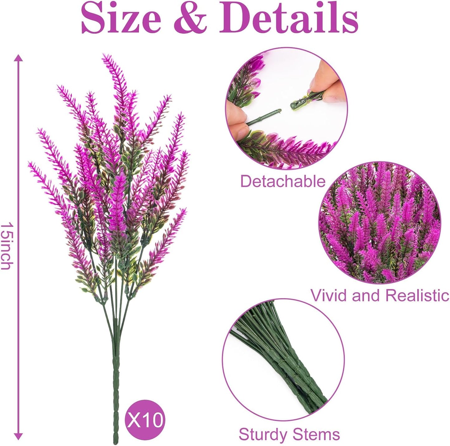 10 Bundles Fake Flowers Artificial Lavender Plants, Purple | Faux plastic plants for home wedding kitchen garden patio porch window box office table centerpieces indoor outdoor decor