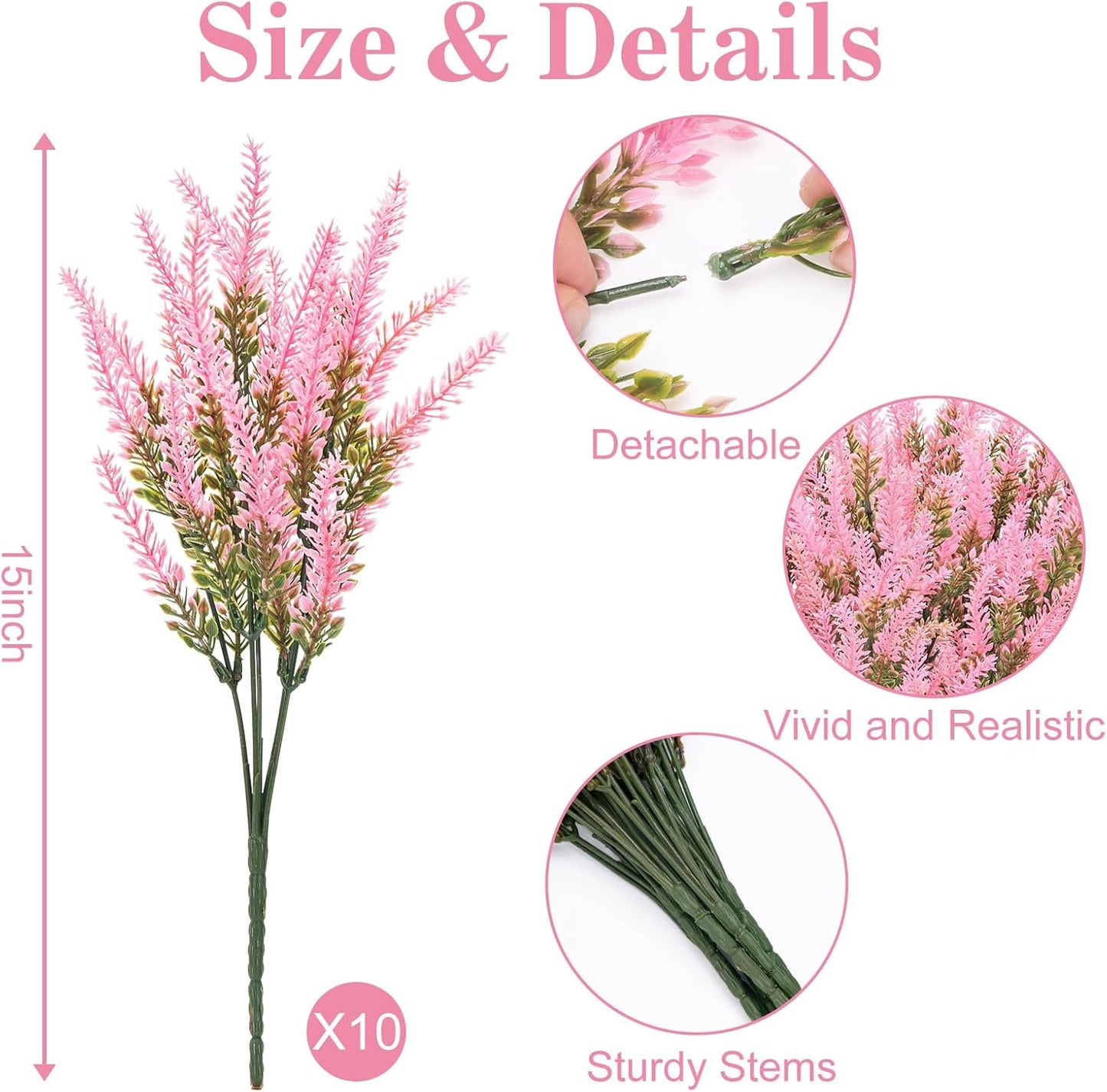 10 Bundles Fake Flowers Artificial Lavender Plants, Purple | Faux plastic plants for home wedding kitchen garden patio porch window box office table centerpieces indoor outdoor decor